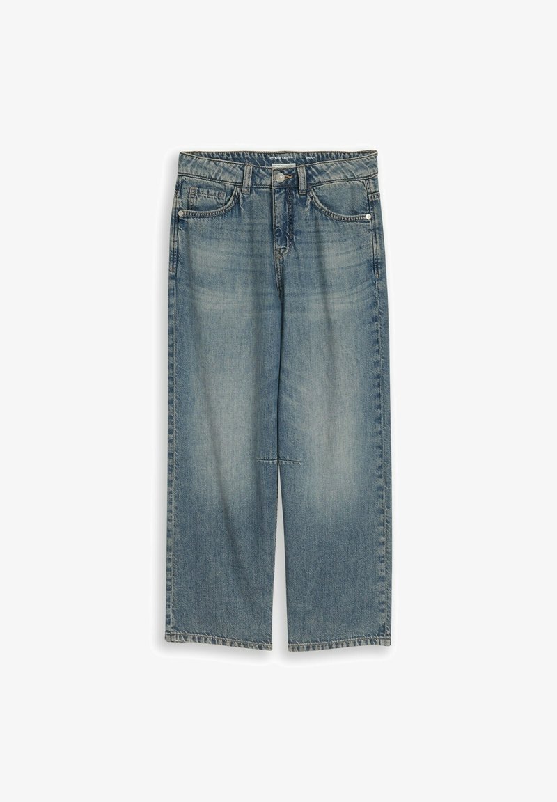 Blå falmede jeans med lige ben, forrest knap og lynlås, bæltestropper og design med fem lommer.