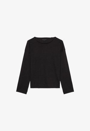 Top noir à manches longues en tissu doux ; présente un col rond, des épaules tombantes et une coupe décontractée. Design simple et minimal.