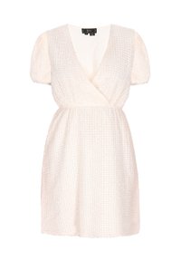 Ecrufarbenes Wickelkleid mit kurzen Puffärmeln, strukturiertem Stoff mit Karomuster und tailliertem Bund.