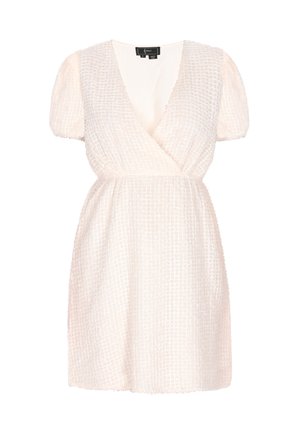 Cremefarvet omslagskjorte med korte pufærmer, tekstureret stof med et rutenetmønster og en indsnævret talje.