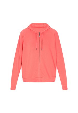 Korálová zipová mikina s kapucí na šňůrku, dlouhými rukávy a žebrovanými manžetami. Hladká látka s uvolněným střihem a nenápadným logem.