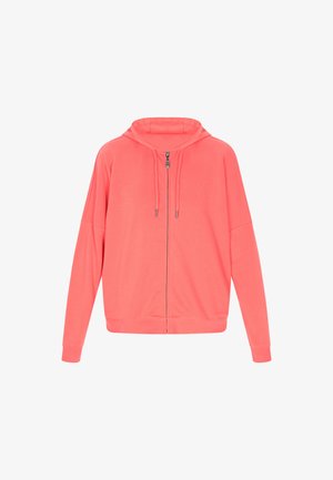 Hanorac coral cu fermoar, cu glugă ajustabilă, mâneci lungi și manșete plisate. Material neted, cu o croială lejeră și detalii subtile cu logo.