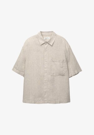 Short-sleeve, light gray button-up shirt made of textured fabric, featuring a chest pocket and casual collar design.