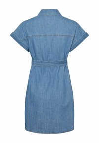 Suknja od chambray materijala s kragnom na dugmad, kratkim rukavima, pojasom u struku i ravnim krojem. Svetloplavi traper s minimalnim šavovima.
