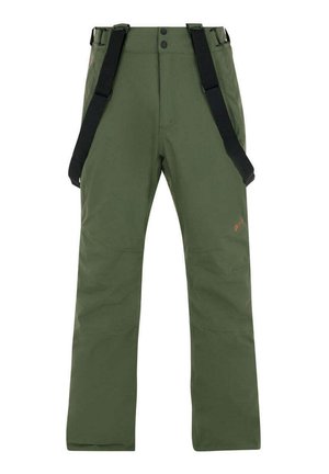 Pantalones exteriores verdes con tirantes negros, con un corte recto, textura suave y detalles del logo en la parte inferior de la pierna.