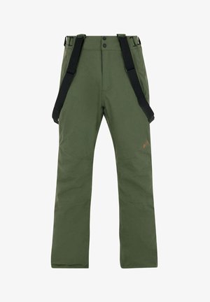 Žalios lauko kelnės su juodais petnešomis, tiesaus kirpimo, lygaus tekstūros, su logotipu apatinėje kojoje.