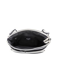 Borsa a tracolla in pelle nera con chiusura a zip, doppio scomparto e manico in tessuto grigio a contrasto. Interno foderato in tessuto nero.