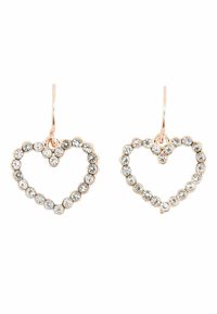 Orecchini a forma di cuore in oro rosa decorati con piccoli gemellini trasparenti lungo i bordi. Presentano un gancio semplice per l'indossamento.