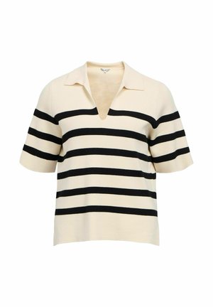Polo à manches courtes de couleur crème avec de larges rayures horizontales noires et un col en V profond.
