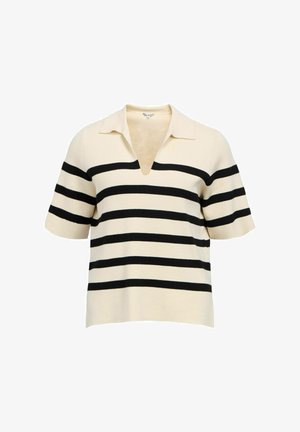 Lyhythihainen kermaan värinen poolopaita, jossa leveät mustat vaakaraidat ja syvä V-pääntie.