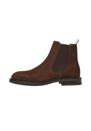 Braune Wildleder Chelsea-Stiefel mit elastischen Seitenpaneelen, runder Zehenform und Zugschlaufe. Verfügt über eine flache schwarze Sohle und Kontrastnähte.