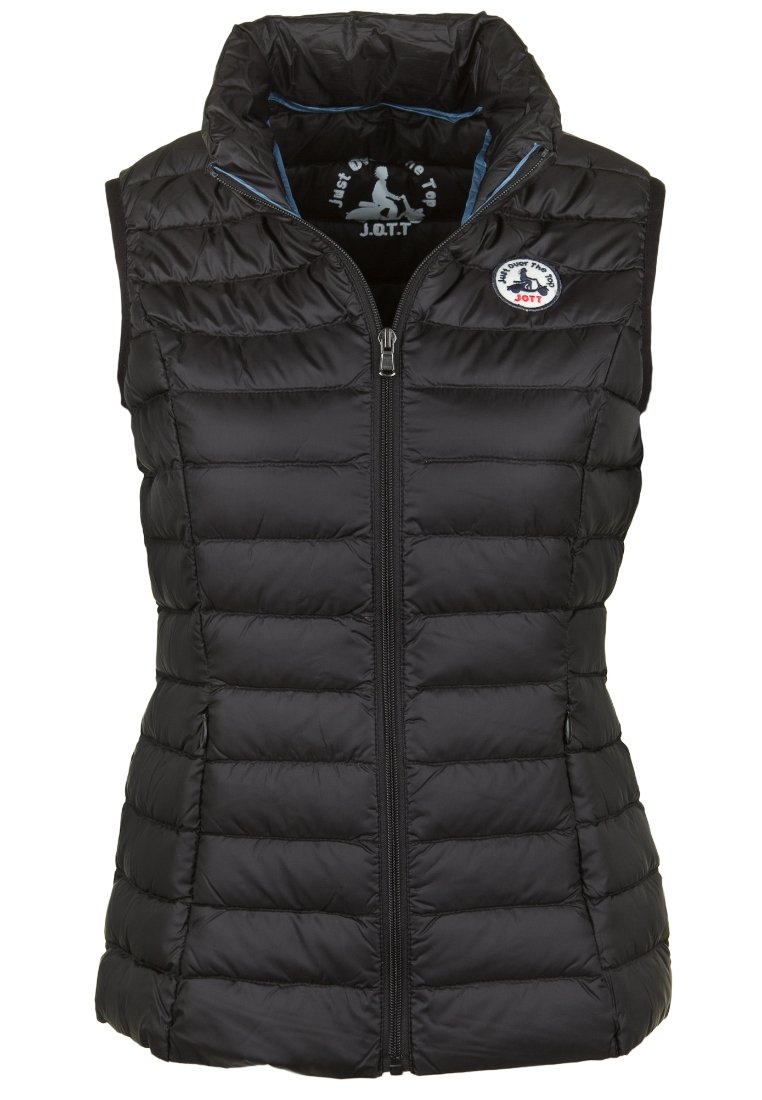 Zwarte puffer bodywarmer met hoge kraag, ritsluiting, horizontaal gestikt ontwerp en logo patch aan de linkerzijde. Lichtgewicht stof voor comfort.