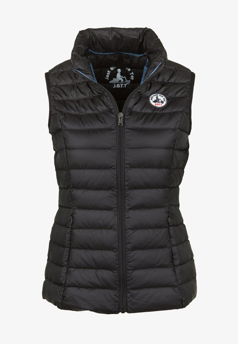 Zwarte puffer bodywarmer met hoge kraag, ritsluiting, horizontaal gestikt ontwerp en logo patch aan de linkerzijde. Lichtgewicht stof voor comfort.