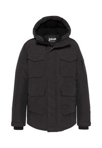 Sort dunjakke med hætte, der har lynlås foran, fire ydre lommer og ribbede manchetter. Fremstillet af tekstureret stof med isolering.