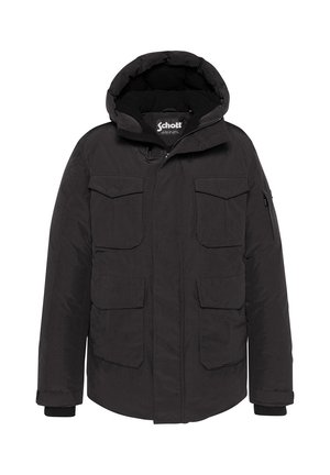 Schwarze Steppjacke mit Kapuze, ausgestattet mit einem durchgehenden Reißverschluss, vier Außentaschen und gerippten Bündchen. Hergestellt aus strukturiertem Stoff mit Isolierung.