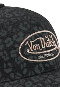 Black cap with dark leopard print and beige embroidered "Von Dutch 44 California" logo on front panel.