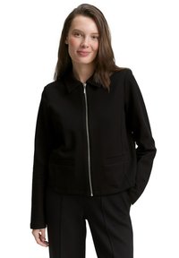 Black cropped jacket with a collared neckline, front zipper, and two side pockets. Smooth fabric and minimalistic design.