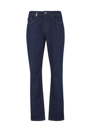 Jean denim bleu foncé à jambes droites avec bouton et fermeture éclair à l'avant, comprenant des poches avant et arrière et des détails de couture visibles.