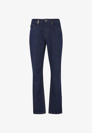 Jean denim bleu foncé à jambes droites avec bouton et fermeture éclair à l'avant, comprenant des poches avant et arrière et des détails de couture visibles.