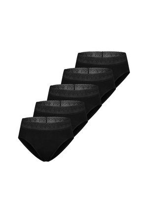 Cinq culottes noires pour femmes avec ceintures en dentelle, disposées en diagonale sur un fond blanc.