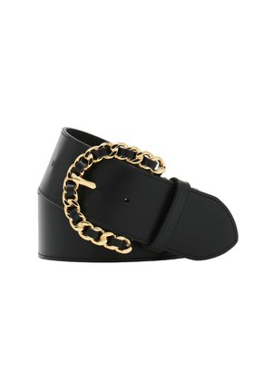 Black faux leather belt featuring a gold chain link buckle, wide design, smooth texture, and adjustable strap with multiple holes.
