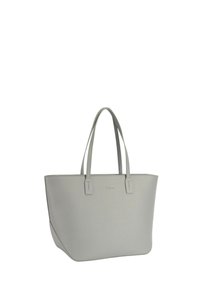 Szara skórzana torba na ramię z podwójnymi uchwytami, o usztywnionym kształcie i tłoczonym logo z przodu. Gładka tekstura, minimalistyczny design i brak widocznych wzorów.