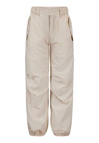 Beige, lichte cargobroek met een elastische tailleband. Voorzien van zijzakken en gathered boorden bij de enkels. Stevige textuur.