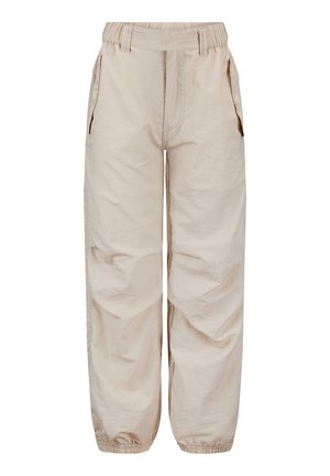 Beige, lichte cargobroek met een elastische tailleband. Voorzien van zijzakken en gathered boorden bij de enkels. Stevige textuur.