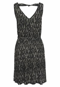 Robe noire sans manches avec un col en V et un laçage dans le dos. Elle possède une taille cintrée et un imprimé de lignes verticales et de points de couleur blanc cassé.