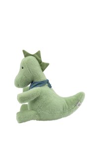 Green plush dinosaur toy with a textured spiky crown, wearing a blue scarf featuring small green dots. Soft and rounded body shape.