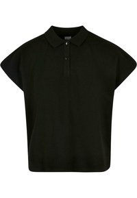 Černé polo tričko s krátkými, širokými rukávy, mírným límcem a zapínáním na knoflíky vpředu. Vyrobeno z hladkého, jemného materiálu, s uvolněným střihem.