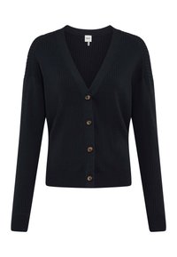 Schwarze gerippte Strickjacke mit V-Ausschnitt, langen Ärmeln und fünf braunen Knöpfen vorne, mit einem figurbetonten Saum für eine strukturierte Form.