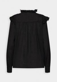 Blusa nera a maniche lunghe con colletto arricciato e dettaglio floreale sulle spalle. Tessuto liscio, design con parte posteriore arricciata, polsini con bottoni.