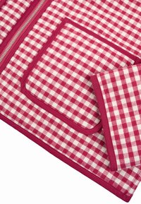 Κόκκινο και λευκό καρό ύφασμα gingham με τσέπη και φερμουάρ, που δείχνει λεπτομερείς ραφές και διπλωμένη γωνία για υφή και σχέδιο.
