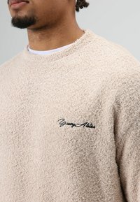 Zachte, beige sweatshirt met een gestructureerd oppervlak en een zwart geborduurd logo op de borst. Voorzien van een ronde hals en lange mouwen.
