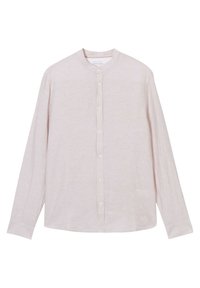 Camicia a maniche lunghe color beige chiaro, realizzata in tessuto testurizzato, con colletto rotondo, chiusura a bottoni e maniche con polsini. Senza motivi o accenti.