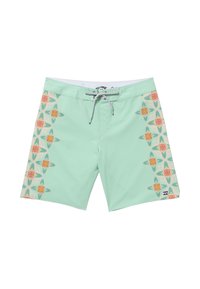 Pantaloni da bagno verde menta con un motivo floreale colorato sul lato sinistro, dotati di vita con cordino e una morbida texture.