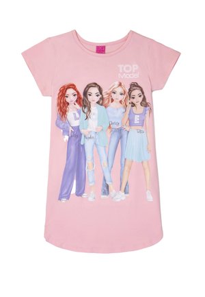 Rosa Kleid mit vier illustrierten Mädchen mit verschiedenen Frisuren und Outfits, beschriftet mit "TOP Model" und Namen: Lexy, Hayden, Christy, Talita.