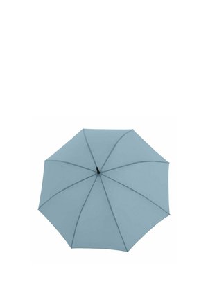 Light blue open umbrella viewed from above with visible ribs and black central tip against a white background.