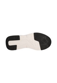 Hvid sneakersål med en sort gummiydersål, der har et struktureret mønster, riller og geometriske former til greb.
