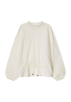 Langärmlige cremefarbene Bluse mit Spitzenkragen, frontaler Stickerei, Plissee-Details, Tunnelzug in der Taille und gesammelten Manschetten.