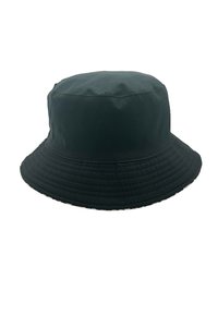 Schwarzer Bucket-Hut aus glattem Stoff, mit einem breiten, gerippten Rand und einem bunten, gemusterten Innenfutter. Konkave Kronenstruktur.