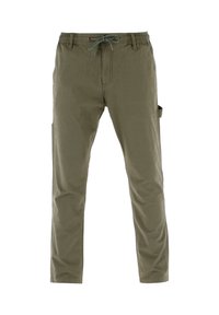 Olive green casual pants with elastic waistband, drawstring, belt loops, side pockets, and a slim tapered fit.