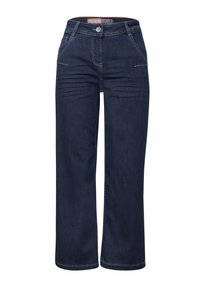 Jeans ampi in denim scuro con vita alta, tasche frontali, cuciture a contrasto e chiusura con zip e bottone.