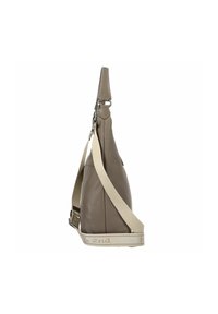 Sac à épaule en cuir marron avec une texture lisse, une seule bandoulière réglable, et une bandoulière claire contrastante avec un logo.