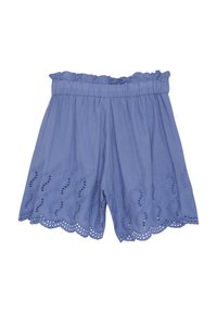 Ljusblå bomullsshorts med volang och elastisk midja. Har broderade hål och scalloped detaljer vid fållen för extra textur.