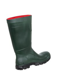 Green rubber rain boot with textured finish, red interior lining, flat heel, and raised tread on the black sole for traction.