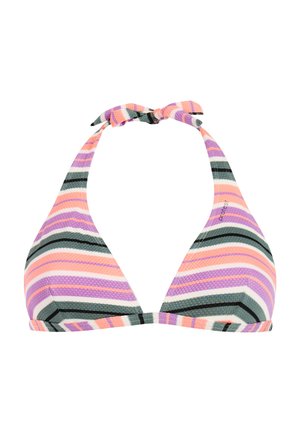Driehoekige bikinibovenkant met halterbandjes, voorzien van horizontale strepen in roze, paars, wit, grijs en zwart, samengesteld uit een gestructureerde stof.