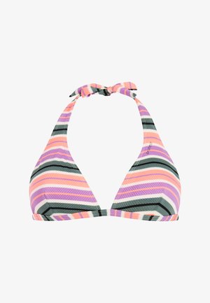 Driehoekige bikinibovenkant met halterbandjes, voorzien van horizontale strepen in roze, paars, wit, grijs en zwart, samengesteld uit een gestructureerde stof.