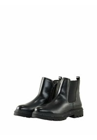 Bottes Chelsea en cuir noir avec une finition lisse, des panneaux élastiques latéraux et une fermeture éclair, dotées d'une semelle en caoutchouc robuste et texturée.